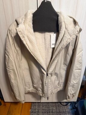 Vince Cream Hooded Bomber Jacket with Faux Shearling